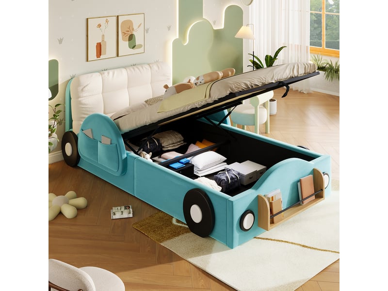  Lit enfant rembourré 90 x 200 cm avec coffre hydraulique, poches et étagère, flanelle,bleu CozyNest - Conforama D