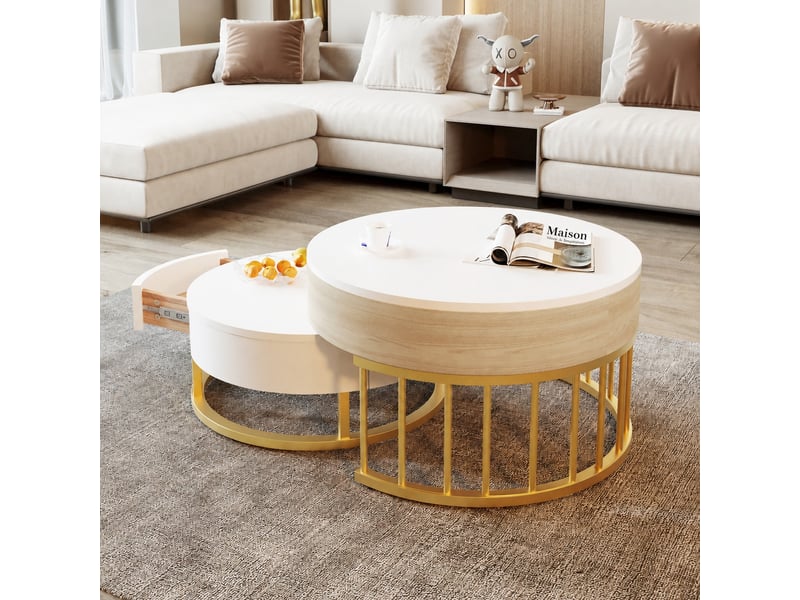  Ensemble de 2 tables basses rondes gigognes avec plateaux relevables, blanc et effet bois, ø 70 et 60 cm  - Conforama D