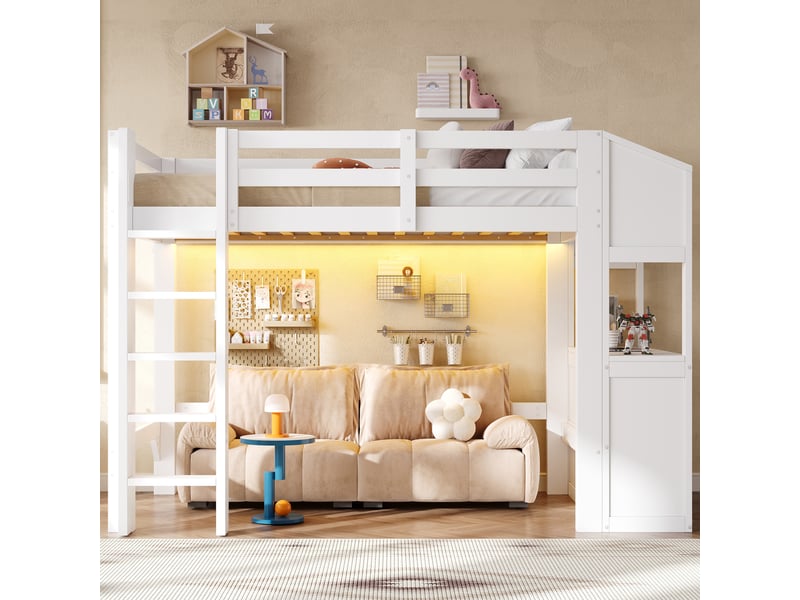  Lit mezzanine 90x200 avec 3 tiroirs étagères éclairage led blanc  - Conforama D