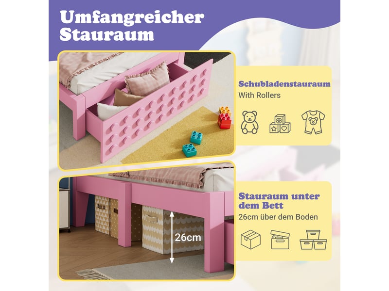  Lit enfant 90x200 cm avec tiroirs et espace de rangement, cadre de lit en bois massif avec sommier lattes, rose, lit 1 personne  - Conforama R