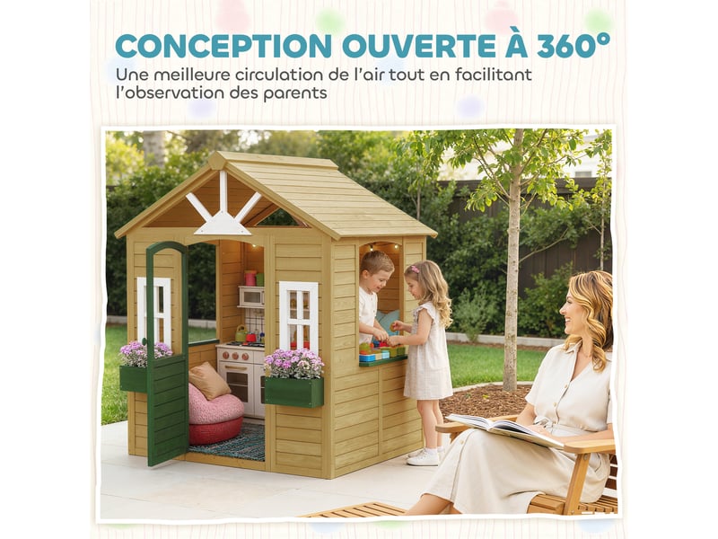  Cabane enfant extérieur en bois, maison enfant extérieure avec porte, fenêtres, 2 bacs à fleurs, marron, 134,5x97x150cm  - Conforama W
