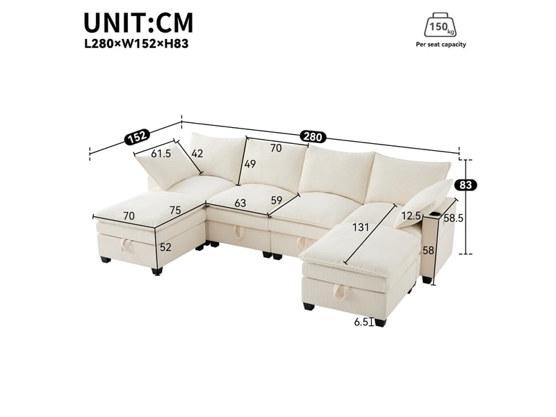  Canapé modulaire 6 places en velours côtelé beige avec 2 poufs amovibles  - Conforama E