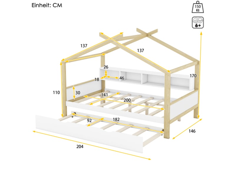  Lit cabane 140x200 cm, lit double avec lit gigogne, 4 compartiments de rangement, en bois, blanc, sans matelas  - Conforama D
