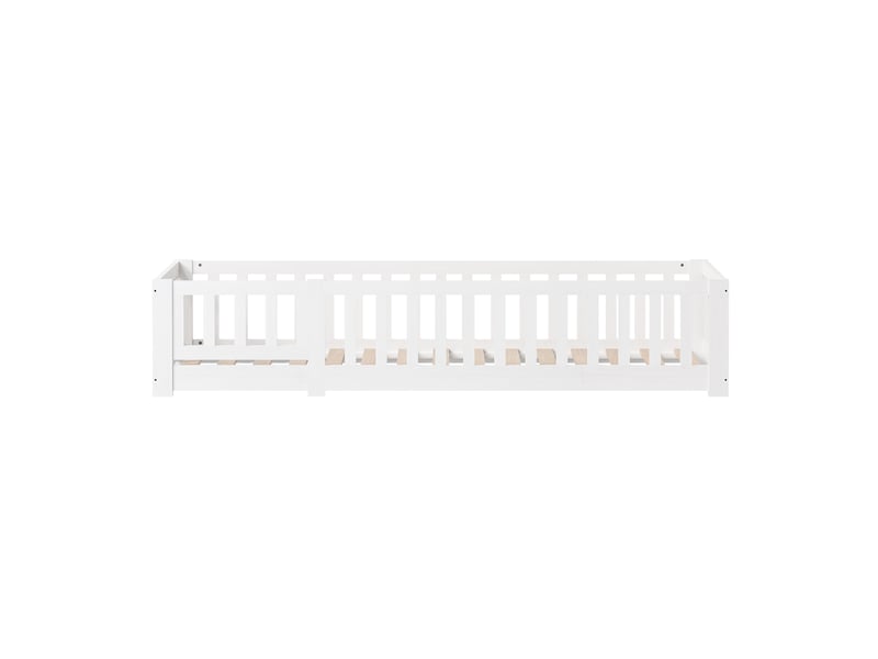  Lit enfant 90x200, lit simple, lit montessori, lit au sol avec barrière et portillon de sécurité, style scandinave, blanc  - Conforama A