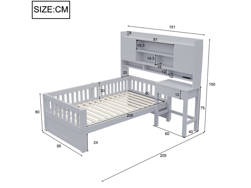  Lit multifonction enfant 90x200 cm avec bureau, rangements, led et prise bois et mdf gris sans matelas  - Conforama C