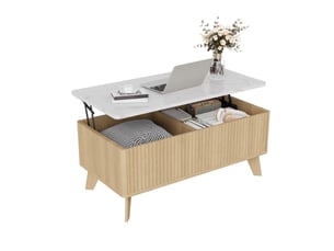 Table basse relevable avec rangement effet marbre blanc et bois clair