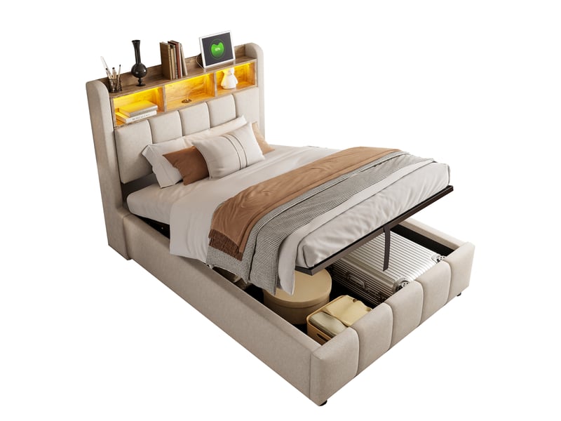 Lit coffre ado 90×200 cm avec led, usb et rangement hydraulique - lin beige - Conforama A