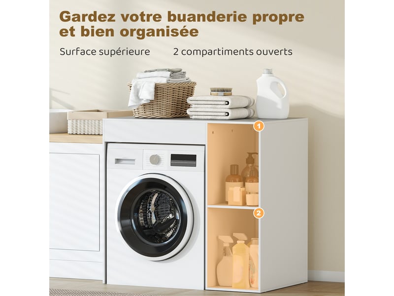  Meuble machine à laver, armoire machine a laver et sèche-linge avec 2 compartiments ouverts, blanc, 96 x 60 x 90,5 cm  - Conforama D