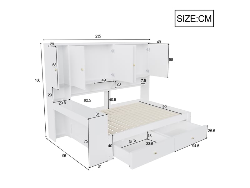  Lit enfant 90x200 cm avec bureau, rangements, 2 tiroirs, led et prises, coloris blanc, sans matelas  - Conforama C