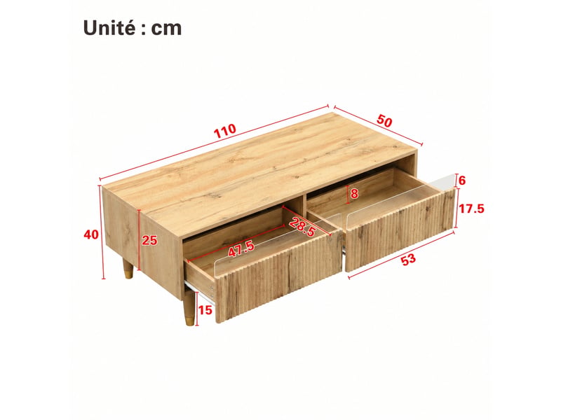  Table basse led moderne rectangulaire en mdf, 2 tiroirs, façade ondulée, pieds bois massif, bois et doré, 110 x 50 x 40  - Conforama C