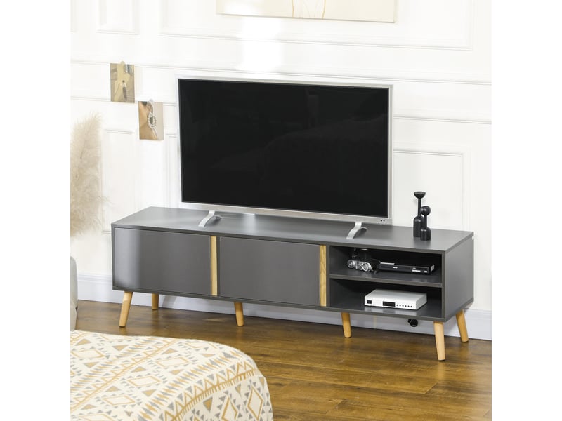  Meuble tv bas salon scandinave pour écran jusqu'à 55 pouces table télé 2 portes 2 niches 150x35x45 cm gris anthracite bois  - Conforama C