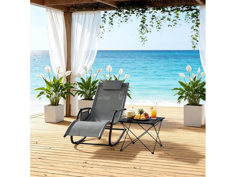 Fauteuil relaxant à bascule extérieur 152x62x83 cm – gris – poche latérale et appui-tête ergonomique - Conforama B