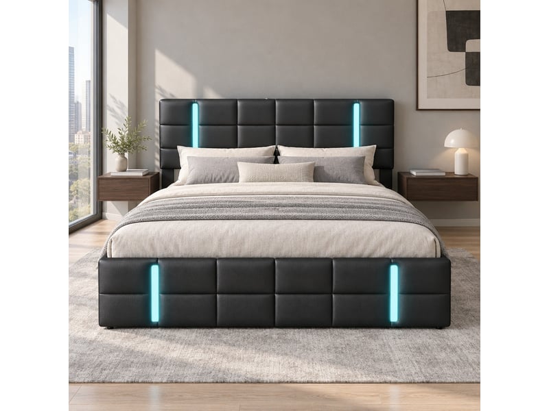  Lit coffre 2 places 140x200 cm, lit adulte avec rangement, tête de lit, ports usb, led, design simple, pu noir  - Conforama C
