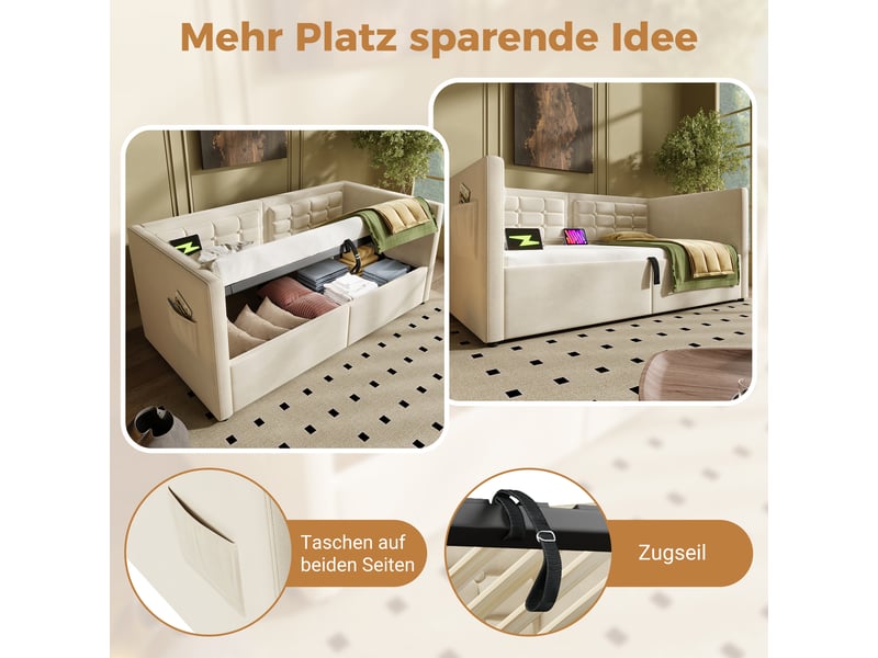  Lit coffre beige 90x200 cm avec sommier relevable à vérins et sans matelas  - Conforama E