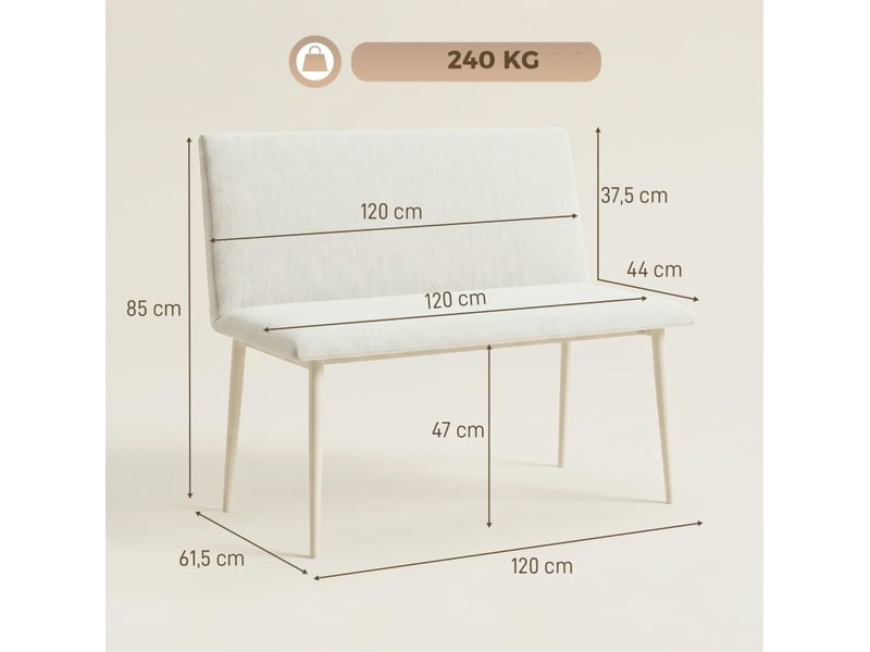  Banc de salle à manger 2 places sans accoudoirs en polyester beige aspect lin, pieds métal, pour repas confortables  - Conforama C
