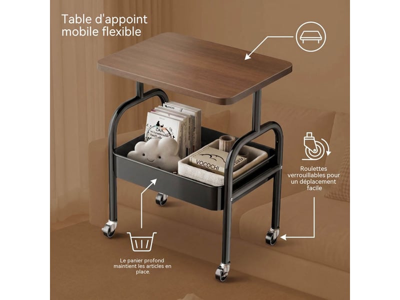  Chariot roulant multifonction 2 niveaux 43x30x45 cm cadre metal noir plateau bois  - Conforama B