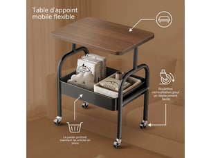 Chariot roulant multifonction 2 niveaux 43x30x45 cm cadre metal noir plateau bois