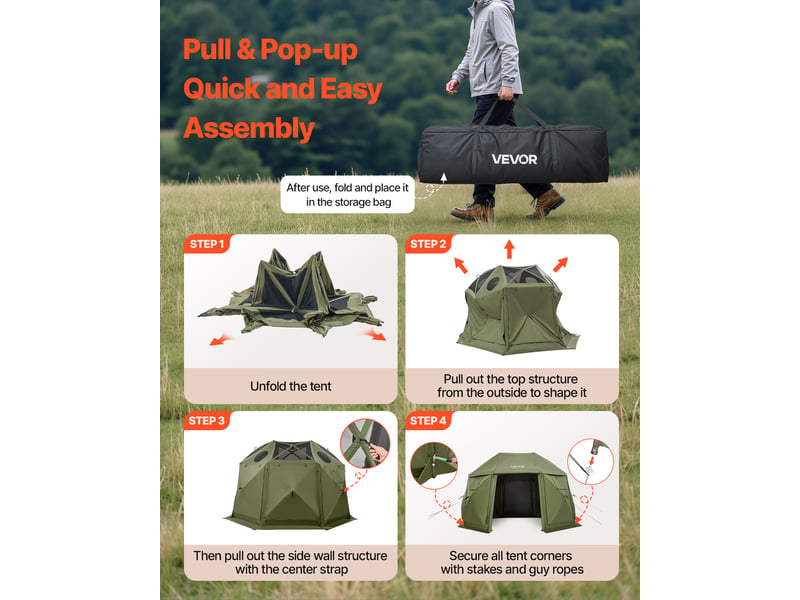  Vevor tente moustiquaire tonnelle pop-up 3,96x3,96 m tente moustiquaire pliante 10-12 personnes 13 cotes abri solaire pour camping famille, terrasse, jardin, avec toit amovible, sac de transport, vert  - Conforama E