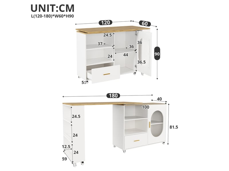 Îlot de cuisine mobile à plateau pivotant 360° 120-180x60x90 cm blanc naturel - Conforama C