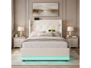 Lit coffre ulevr 90 x 200 cm avec rangement hydraulique, éclairage led 3 côtés et usb type-c, tête de lit capitonnée, pu blanc