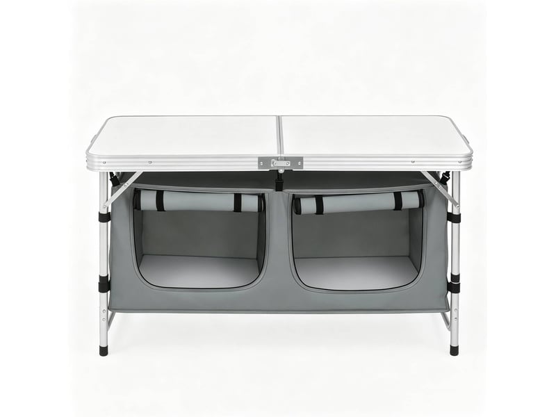  Table de jardin pliante avec sac de rangement suspendu et pieds réglables pour camping, en aluminium et mdf, gris et blanc  - Conforama A