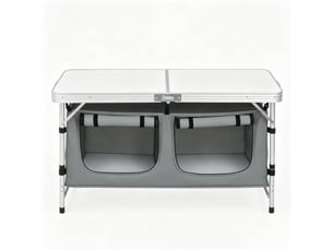 Table de jardin pliante avec sac de rangement suspendu et pieds réglables pour camping, en aluminium et mdf, gris et blanc