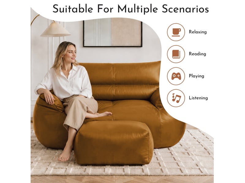 Fauteuil pouf double avec repose-pieds, design ergonomique et base antidérapante, en tissu technique marron, 135 × 100 × 75 cm - Conforama D