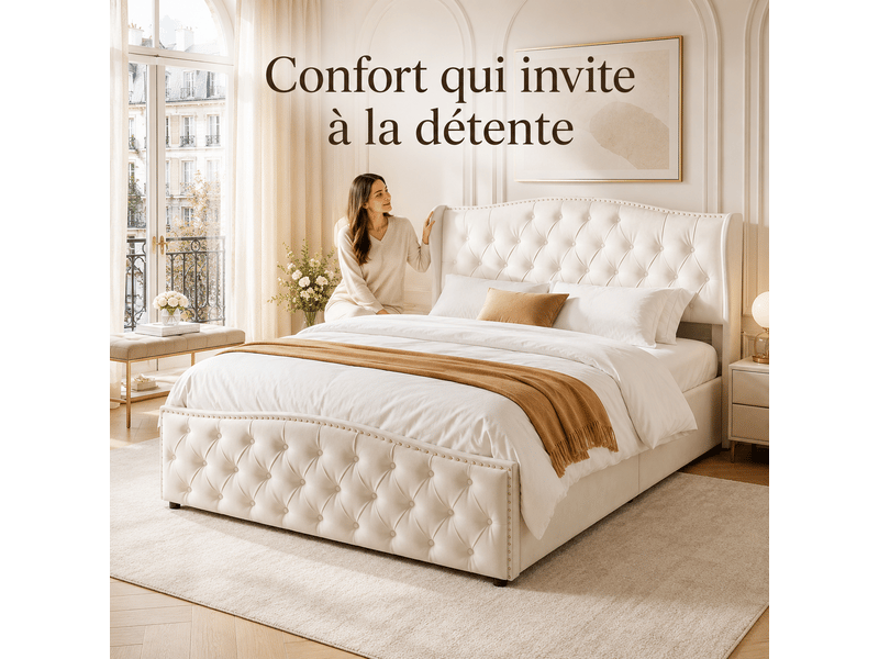 Lit 160 x 200 cm en velours, lit rembourré avec coffre de rangement hydraulique, lit double avec sommier à lattes et tete de lit capitonné, décor avec boutons,2 personnes, sommier à lattes, chambre adulteado, cadre de lit velour… - Conforama R
