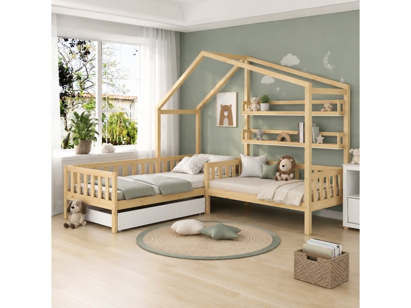 Lit cabane enfant en l avec tiroir et étagères naturel 90 x 200 cm + 140 x 70 cm - Conforama C