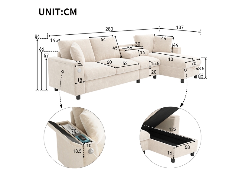  Canapé d'angle réversible fixe 4 places tissu beige coffre de rangement canapé d'angle beige - Conforama C