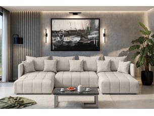 Canapé d'angle panoramique convertible <strong>AX LIVING </strong> <strong>VeliroU</strong> 6 places Velours beige avec coffre de rangement