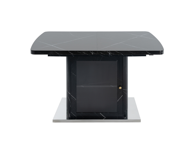 Table à manger extensible 120-160 x 80 cm avec meuble de rangement intégré, plateau mdf effet marbre noir, porte vitrée et base métal - Conforama D