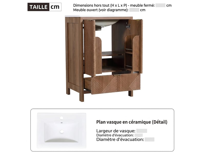  Meuble salle de bain sur pied 61 cm noyer avec vasque en céramique et façade ondulée  - Conforama C