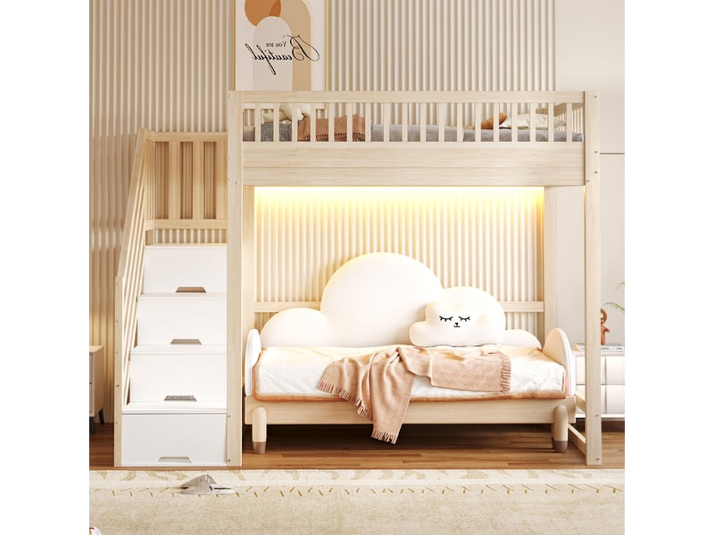 Lit mezzanine 140 x 200 cm - avec échelle de sécurité - avec barrières de sécurité - équipé de lumières led - naturel (matelas non inclus)  - Conforama E