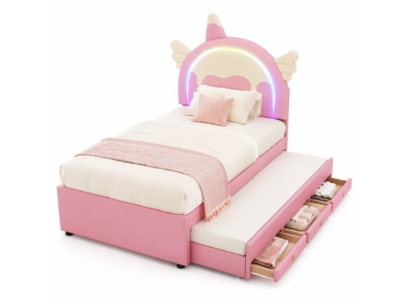  Lit enfant 90 x 200 cm en forme de licorne avec lit gigogne et tiroirs, rose  - Conforama A