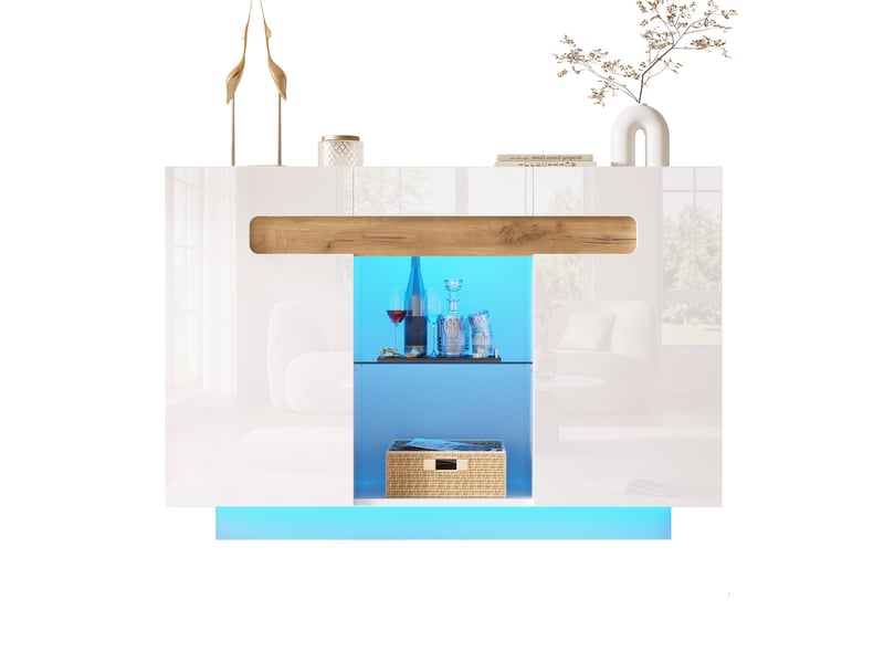  Buffet led blanc et bois 120 cm façades brillantes avec étagères en verre  - Conforama A