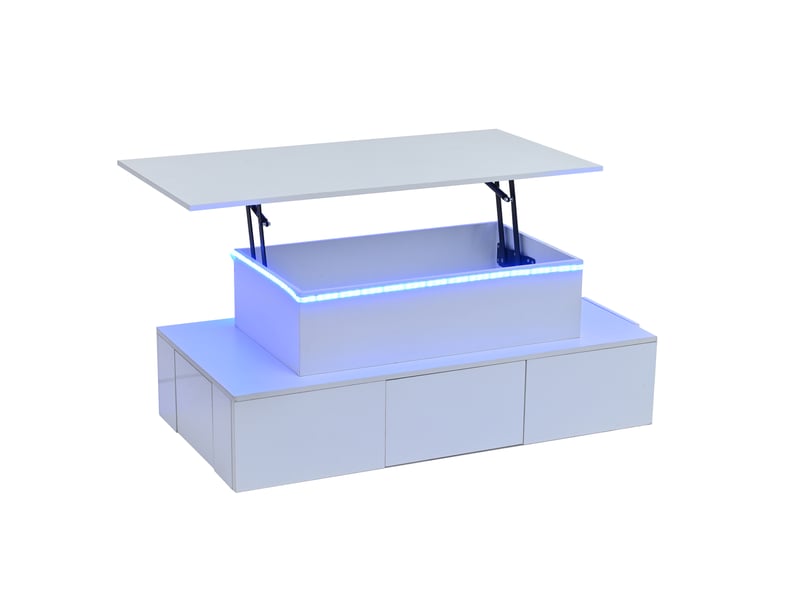  Table basse relevable 100x50x40 cm avec 4 tiroirs et rangement caché, finition brillante, led contrôlable par app, mdf blanc  - Conforama E