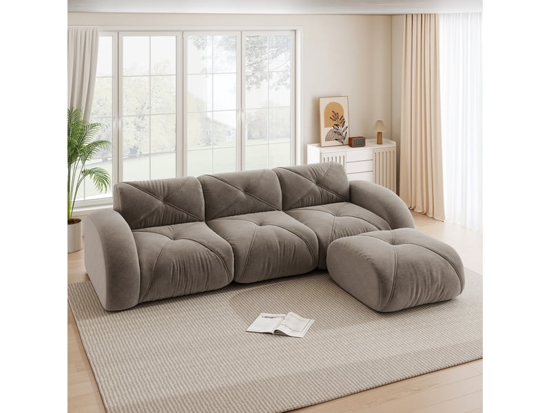 Canapé modulable 3 places en tissu taupe avec repose-pieds, assise moelleuse pour vos moments détente - Conforama B