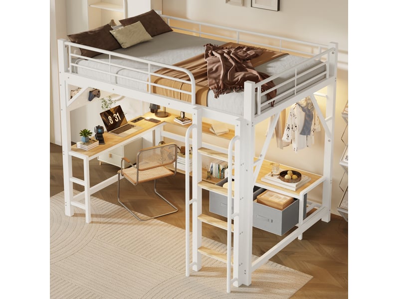 Lit mezzanine enfant 140x200 cm blanc avec bureau, rangements, led et usb, structure métal mdf, sans matelas - Conforama E