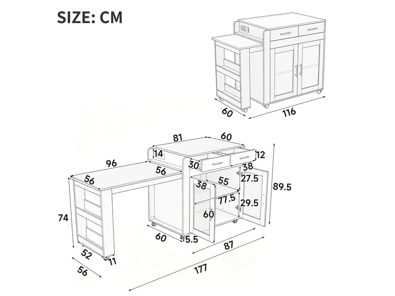  Îlot de cuisine - rangements intégrés - table extensible - port usb - prise de charge - meuble de cuisine - gain de place - noir CozyNest - Conforama E