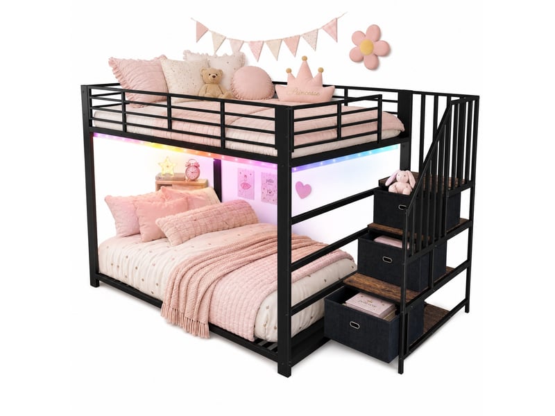  Lit superposé tcqpz 140 x 200 cm avec escalier de rangement réversible led prises usb métal mdf noir  - Conforama A