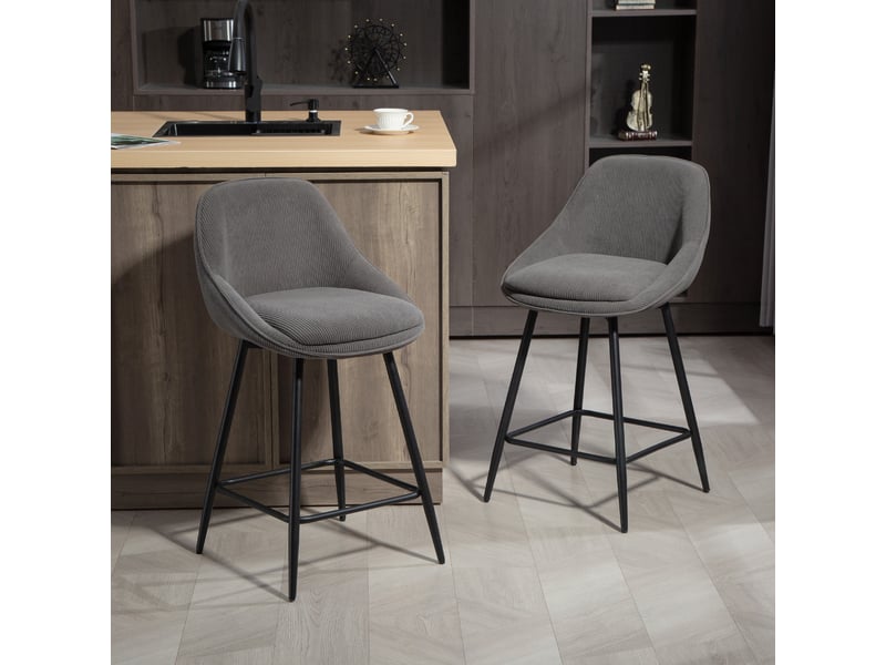  Ensemble de 2 tabourets de bar avec revêtement en velours côtelé et pieds en acier, chaises rembourrées pour îlot de cuisine, salle à manger, gris  - Conforama C