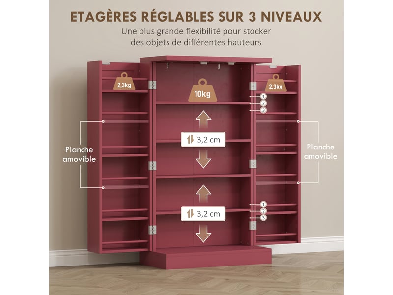  Armoire meuble de cuisine garde-manger 2 portes avec 5 étagères et 12 porte-épices - rouge - 60 x 30 x 104 cm  - Conforama R
