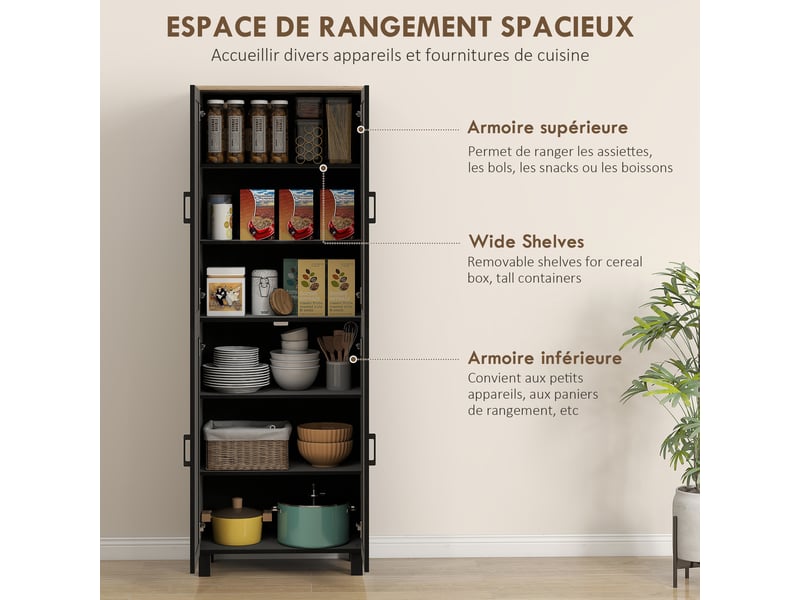  Armoire de cuisine buffet haut 4 portes et étagères réglables noir 60 x 30 x 170,5 cm  - Conforama D