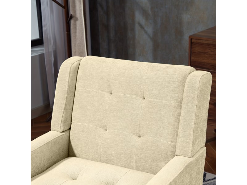 Fauteuil beige en daim capitonné, style milieu du siècle, mousse haute densité, pieds bois massif, salonchambrebureau - Conforama E