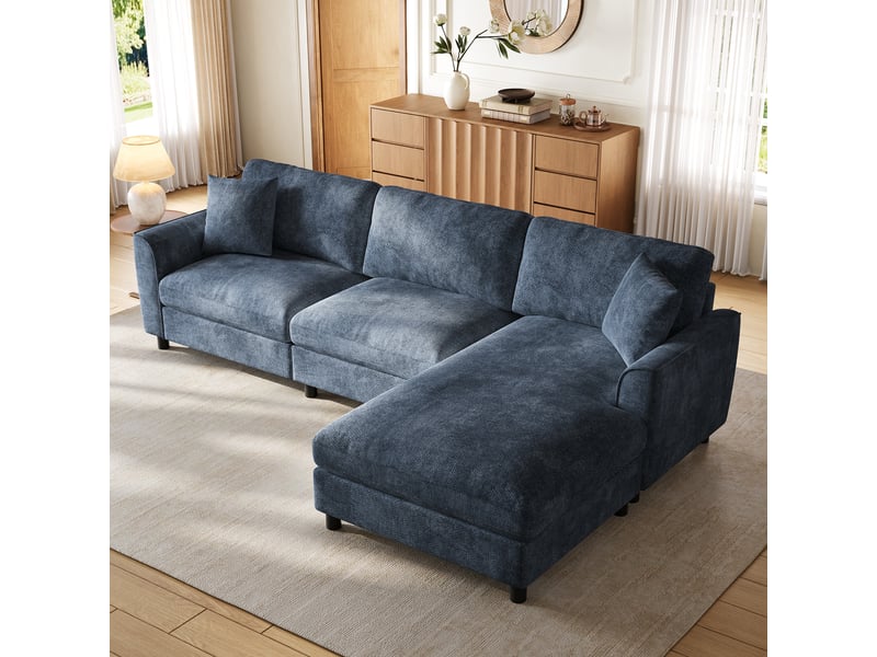 Canapé d'angle 3 places en tissu chenille bleu marine, 256×137×79 cm, méridienne réversible, assise large 90 cm, sans montage - Conforama W