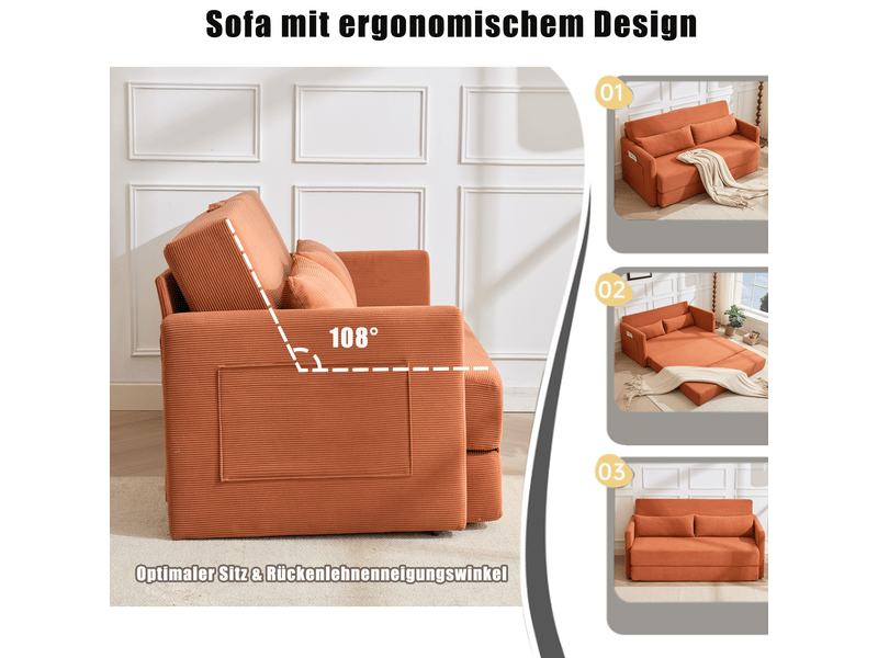  Canapé convertible 2 places orange, canapé-lit extensible en tissu côtelé avec coussins lombaires et pochettes magazines pour salon  - Conforama D
