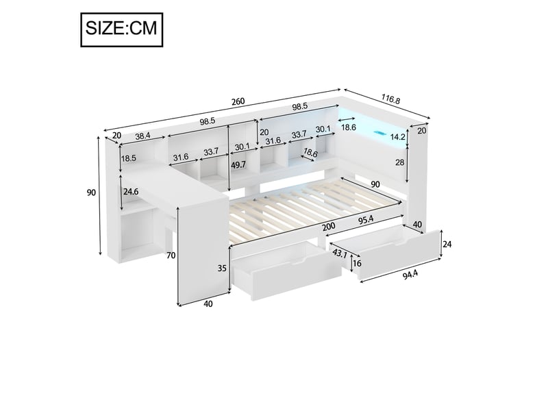  Lit avec rangement 90x200 cm coloris blanc mdf led lit enfant blanc - Conforama C