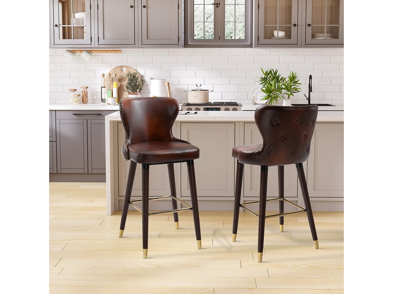 Ensemble de 2 tabourets de bar élégants au look rétro avec repose-pied et dossier, fauteuil de cuisine brun pu 52x53x101 cm - Conforama C