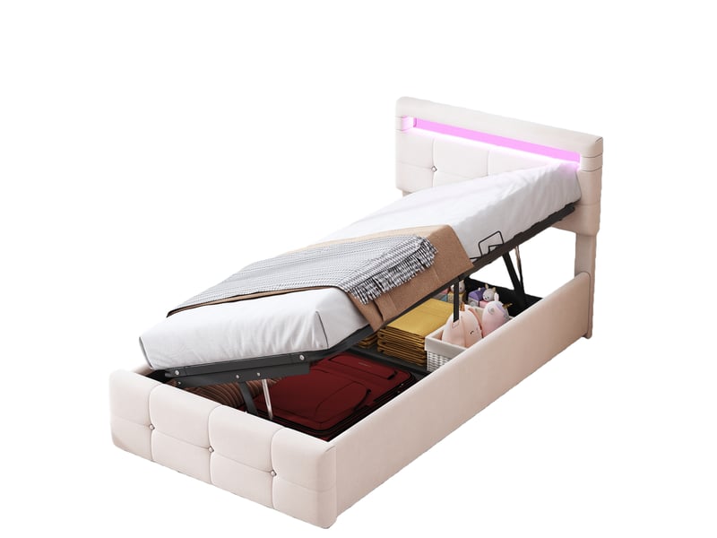 Lit coffre 90x200 cm - lit hydraulique avec grand espace de rangement, tête réglable, en velours beige, sans matelas - Conforama A